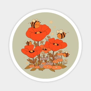 Cute bumblebees with poppy flowers vintage Cottagecore Aesthetic Magnet